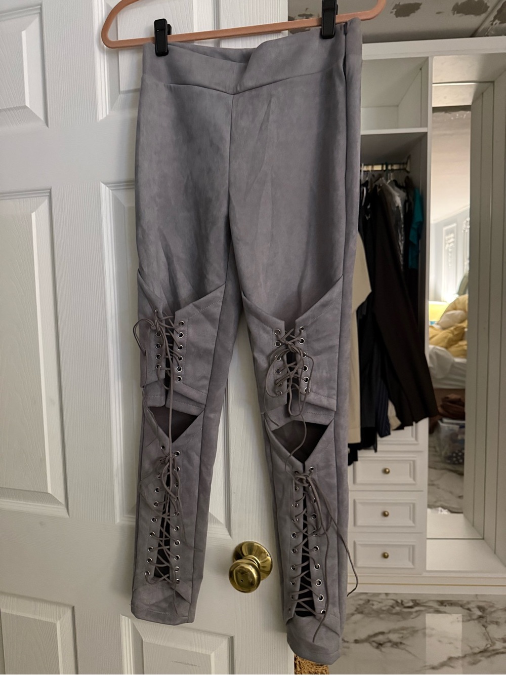 Gray Lace-Up Suede Skinny Pants - Women Pants & Jumpsuits
